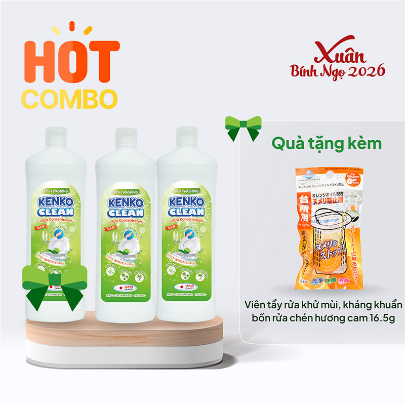 Combo siêu hời mua 2 tặng 1 Nước rửa chén gốc thực vật Kenko Clean 800ml tặng thêm Viên tẩy rửa bồn rửa chén hương cam 16.5g
