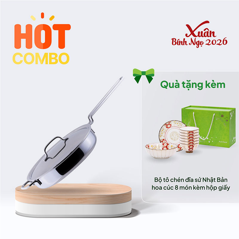 Combo siêu hời mua Chảo inox 304 cao cấp GEO 7 lớp liền khối 25cm tặng Bộ tô chén đĩa sứ Nhật Bản hoa cúc 8 món kèm hộp giấy