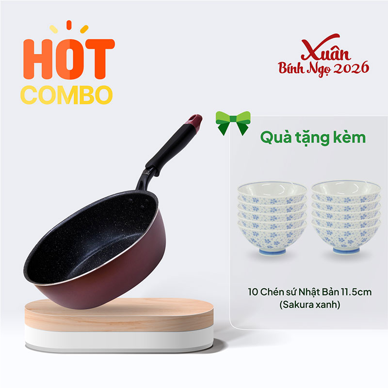 Combo siêu hời mua Chảo chống dính đá hoa cương 24cm sâu lòng tặng 10 Chén sứ Nhật Bản 11.5cm (Sakura xanh)