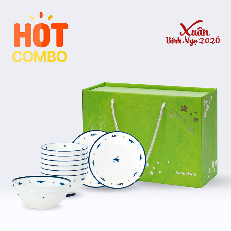 Combo siêu hời mua bộ tô chén đĩa sứ Nhật Bản tặng Hộp giấy (6 chén, 2 tô, 2 đĩa)