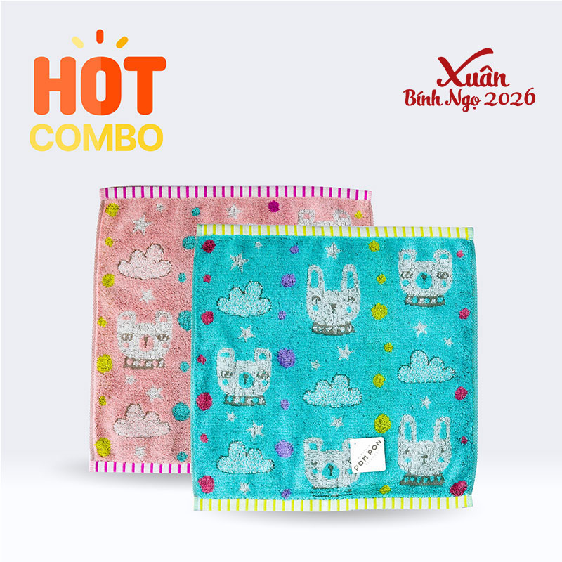 Combo siêu tiết kiệm 2 Khăn vải cotton Nissen 34x34cm Pom Pon Funifuni PP-2516 (Blue-Pink)