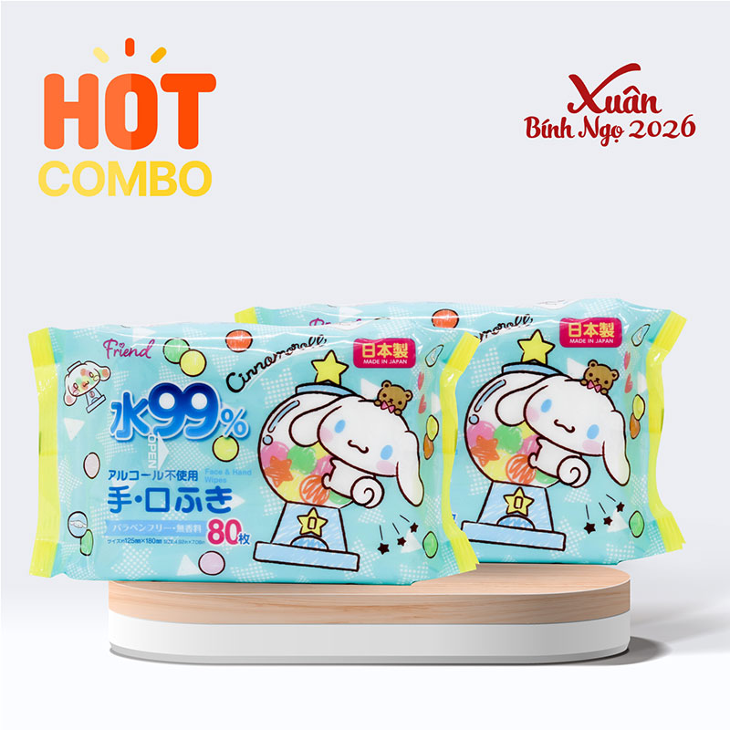 Combo siêu tiết kiệm 2 Khăn ướt Nhật Bản 99% nước tinh khiết, không cồn, paraben, hương liệu Cinnamoroll 80 tờ