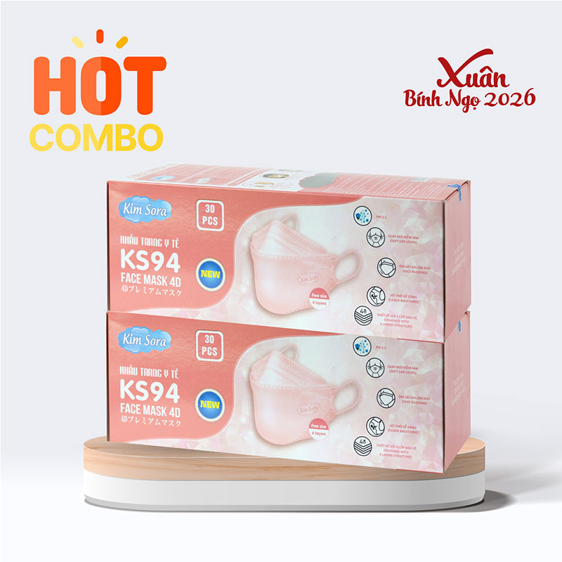 Combo siêu tiết kiệm 2 Khẩu trang Y tế Kim Sora KS94 4D 4 lớp (30 cái - Hồng)