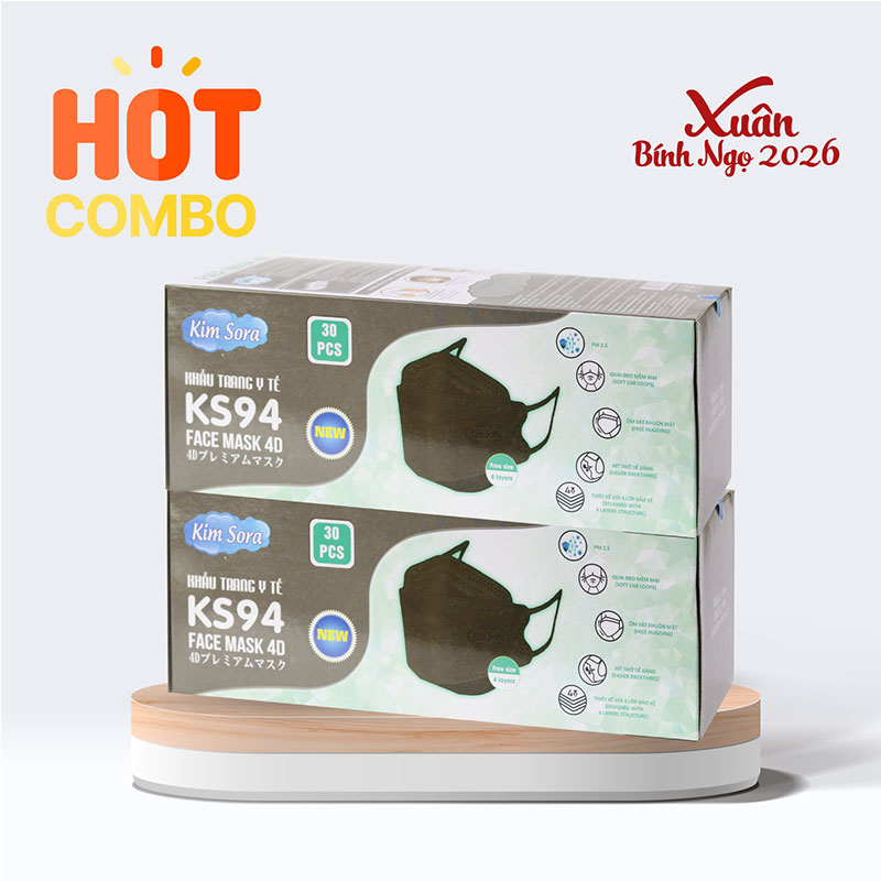 Combo siêu tiết kiệm 2 Khẩu trang Y tế Kim Sora KS94 4D 4 lớp (30 cái - Đen) 