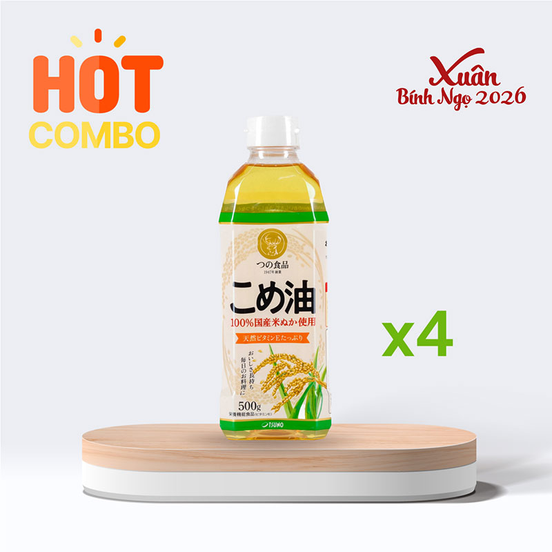 Combo siêu tiết kiệm 4 hộp Dầu gạo Nhật Bản Tsuno nguyên chất 500g (545ml)