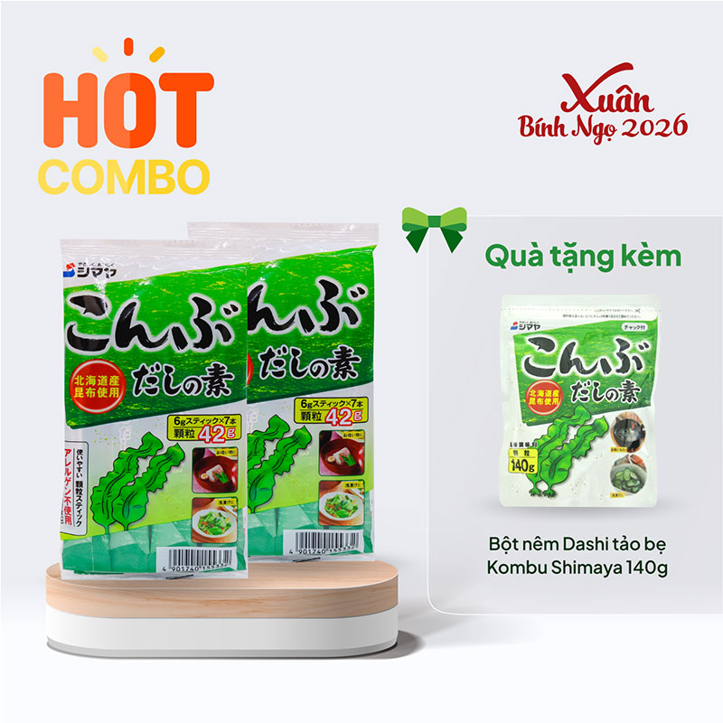 Combo siêu hời mua 2 gói Bột nêm Dashi tảo bẹ Kombu Shimaya 42g (6gx7gói) tặng 1 gói Bột nêm Dashi tảo bẹ Kombu Shimaya 140g