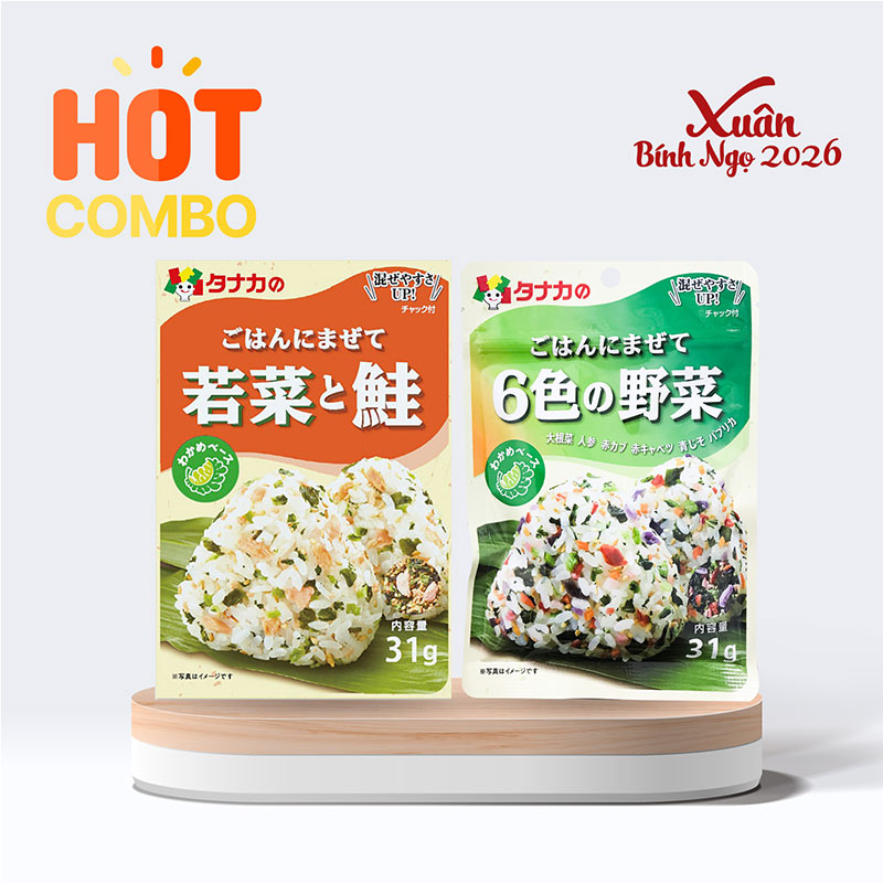 Combo siêu tiết kiệm Gia vị rắc cơm cá hồi và rau Tanaka 31g và Gia vị rắc cơm 6 loại rau củ Tanaka 31g