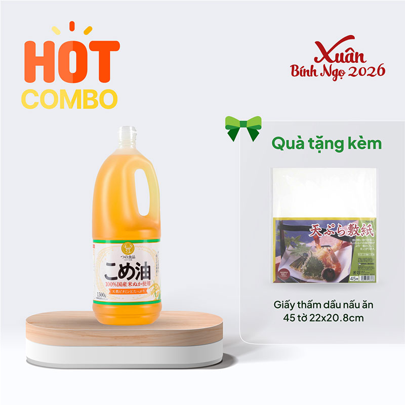 Combo siêu hời mua 1 chai Dầu gạo Nhật Bản Tsuno nguyên chất 1500g (1636ml) giá 229,000đ tặng Giấy thấm dầu nấu ăn 45 tờ 22x20.8cm