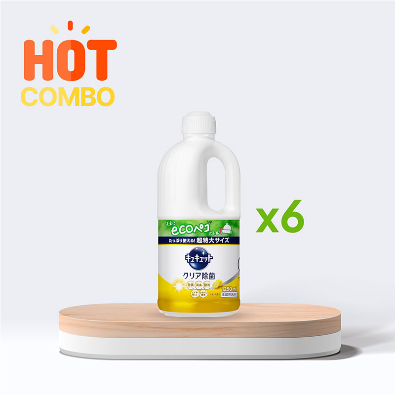 Combo siêu tiết kiệm 1 thùng 6 chai Nước rửa chén Kyukyuto Kao chống khuẩn khử mùi hương chanh 1.25L