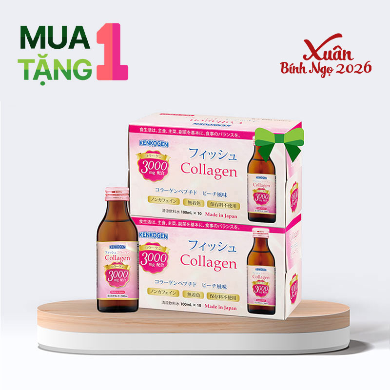 Combo siêu hời mua 1 hộp tặng 1 hộp Thực phẩm bổ sung: Nước uống Collagen Nhật Bản Kenkogen 100mlx10 chai