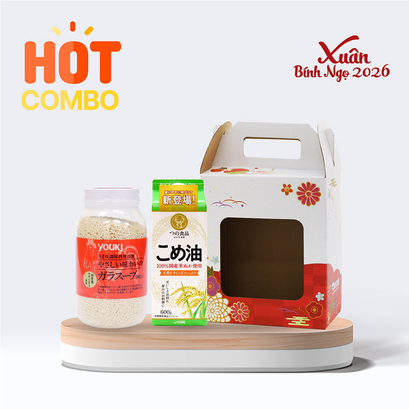 Combo siêu tiết kiệm Gia vị Nhật: Hạt nêm chiết xuất thịt và rau Youki không chất phụ gia 400g và Dầu gạo Tsuno 600g (654ml) 