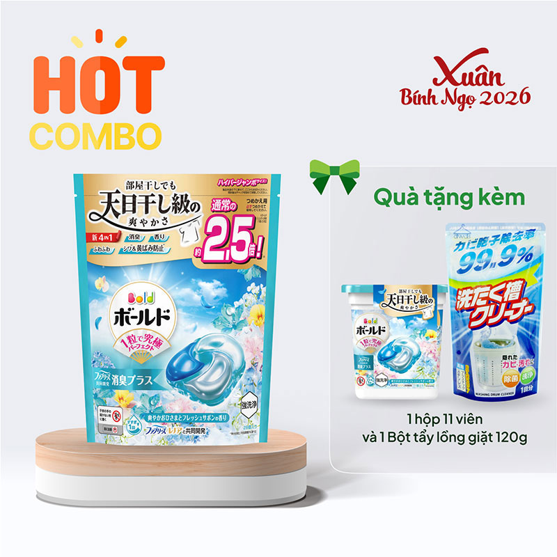 Combo siêu hời mua 2 hộp Viên giặt xả 4 trong 1 P&G hương nắng mai 28 viên tặng 1 hộp 11 viên và 1 Bột tẩy lồng giặt 120g