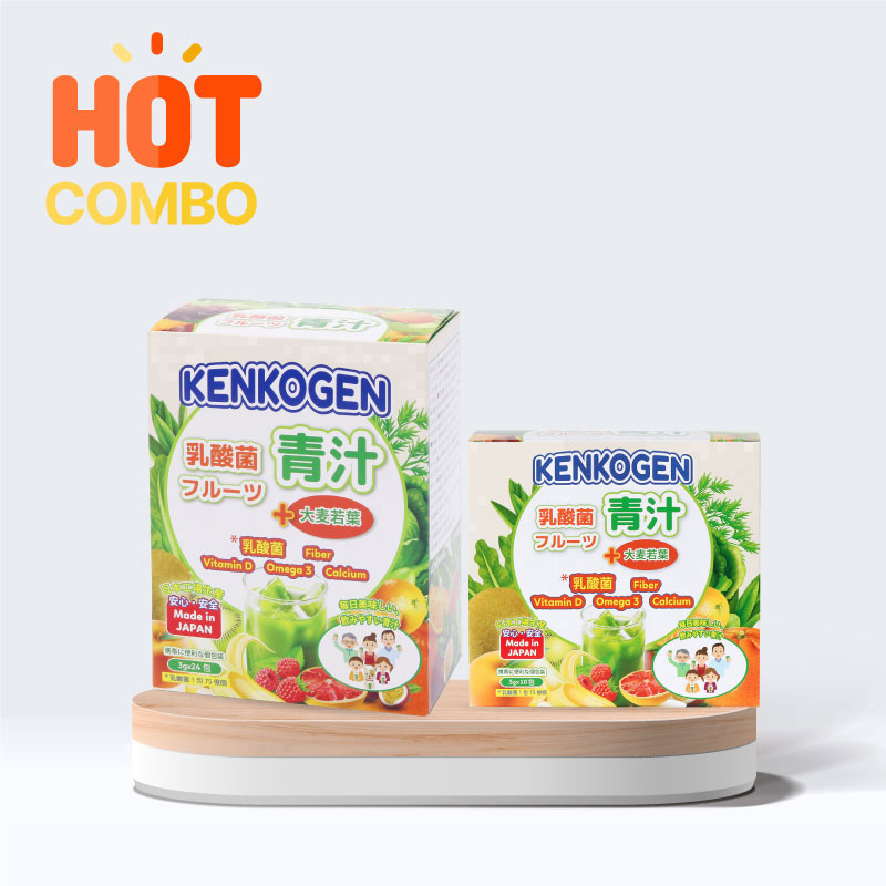 Combo siêu tiết kiệm TPBS: Bột mầm lúa mạch non Nhật Bản Kenkogen trái cây lợi khuẩn, chất xơ, Omega 3  24 gói và 10 gói