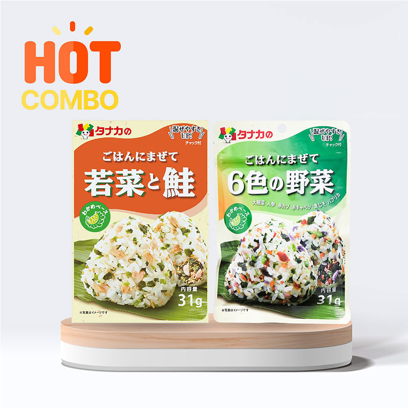 Combo siêu tiết kiệm 2 gói Gia vị rắc cơm cá hồi và rau Tanaka 31g và 6 loại rau củ 31g