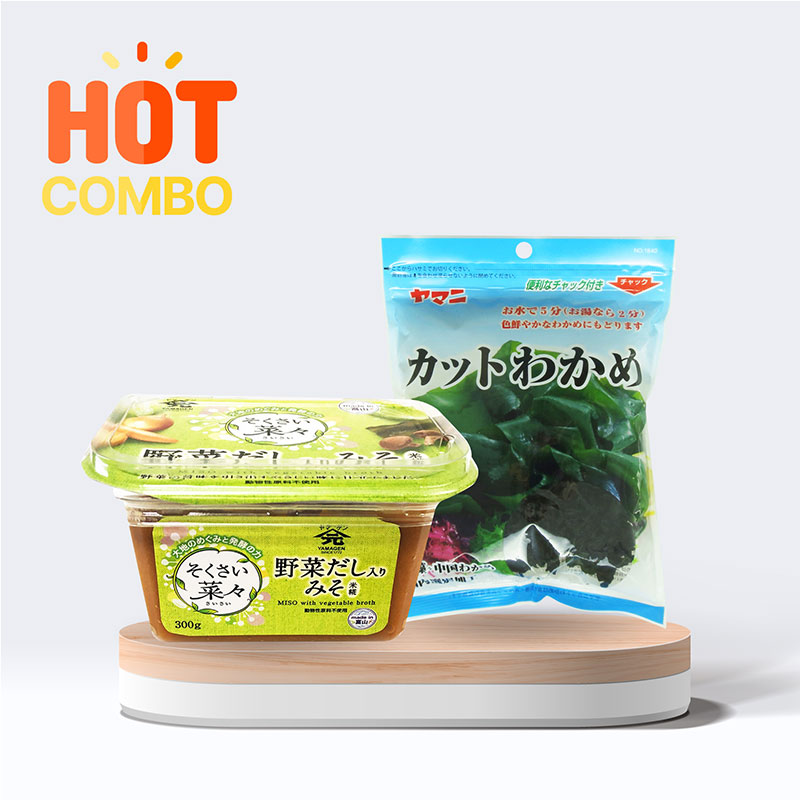 Combo siêu tiết kiệm Miso dashi rau củ trộn sẵn giảm muối Yamagen 300g và Rong biển cắt Wakame 40g