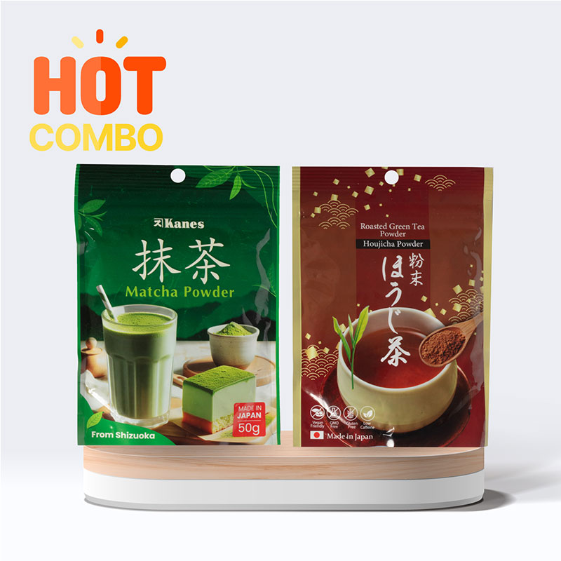 Combo siêu tiết kiệm Bột trà xanh Matcha Nhật Bản Kanes 50g và Bột trà rang Houjicha Nhật Bản Kanes 50g
