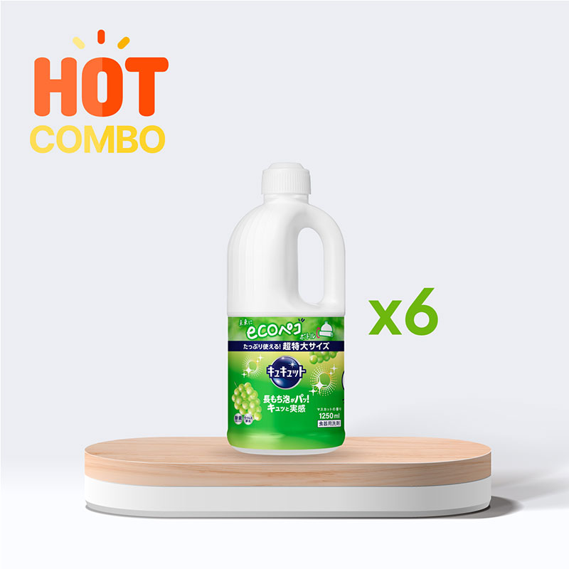 Combo siêu tiết kiệm 1 thùng 6 chai Nước rửa chén Kyukyuto Kao chống khuẩn tạo bọt hương nho 1.25L