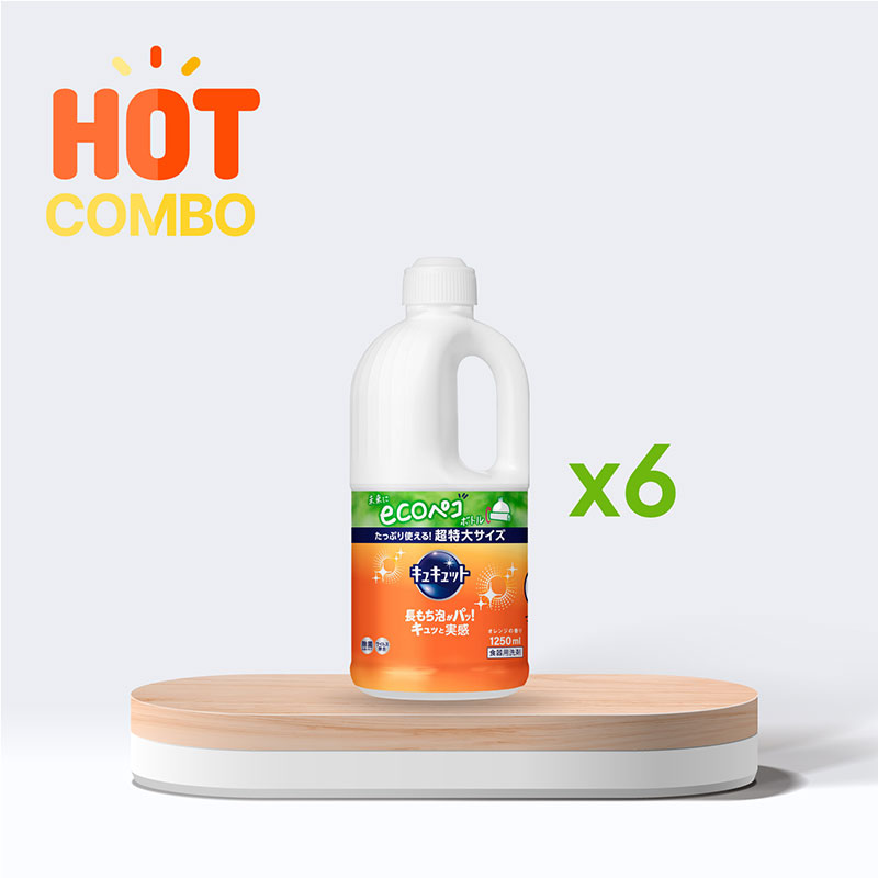 Combo siêu tiết kiệm 1 thùng 6 chai Nước rửa chén Kyukyuto Kao chống khuẩn tạo bọt hương cam 1.25L
