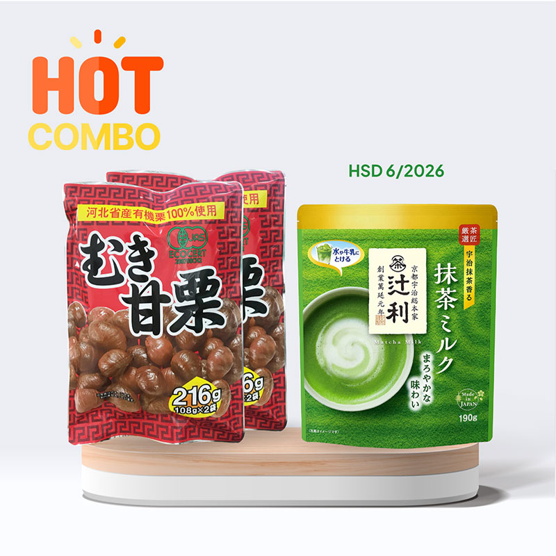 Combo siêu tiết kiệm 2 Hạt dẻ Organic (108g x 2 gói) và 1 Bột trà sữa Uji Matcha Milk Kataoka 190g (HSD: tháng 6/2026)