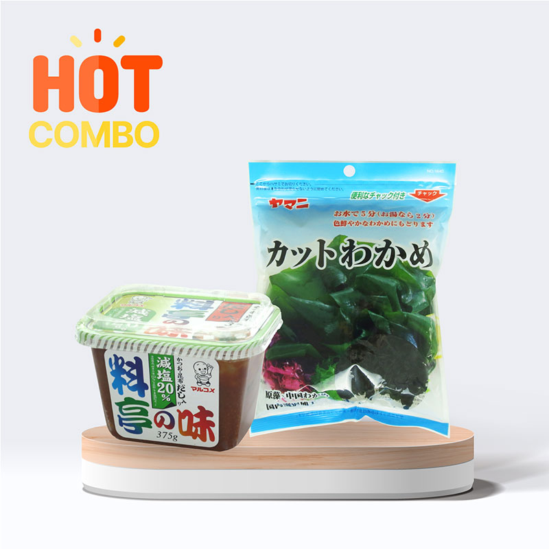 Combo siêu tiết kiệm Miso Dashi trộn sẵn Marukome (Cắt giảm 20% muối) 375g và Rong biển cắt Wakame 40g
