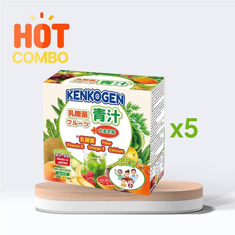 Combo siêu tiết kiệm 5 hộp TPBS: Bột mầm lúa mạch non Nhật Bản Kenkogen trái cây lợi khuẩn, chất xơ, Omega 3 Canxi D 10 gói