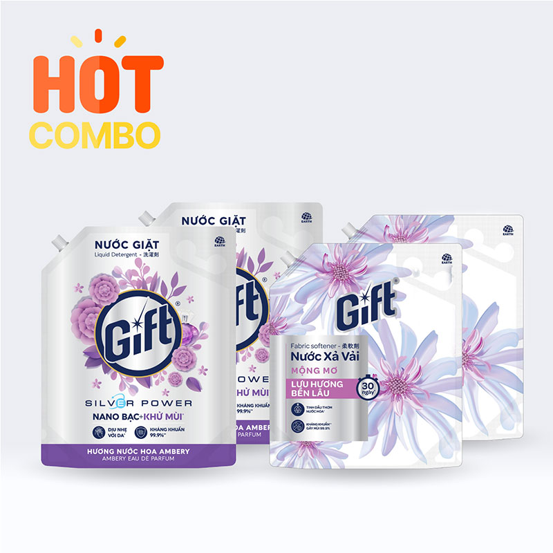 Combo siêu tiết kiệm 2 túi Nước giặt Gift Hương nước hoa Ambery 3.6kg  và 2 Nước xả vải Gift Mộng Mơ 3,2kg