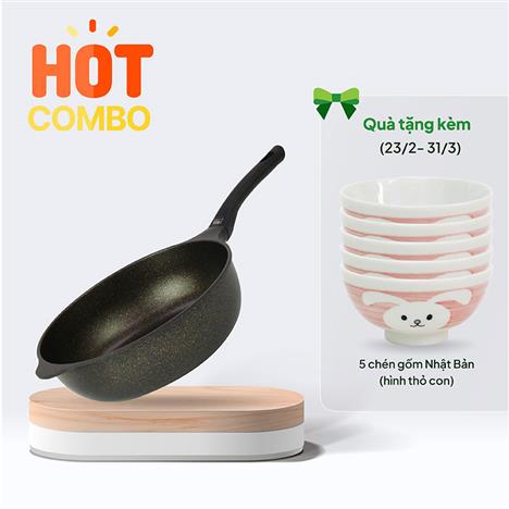 Chảo chống dính đá hoa cương Pearl Metal Mable Diamond Gold 28cm Sâu lòng