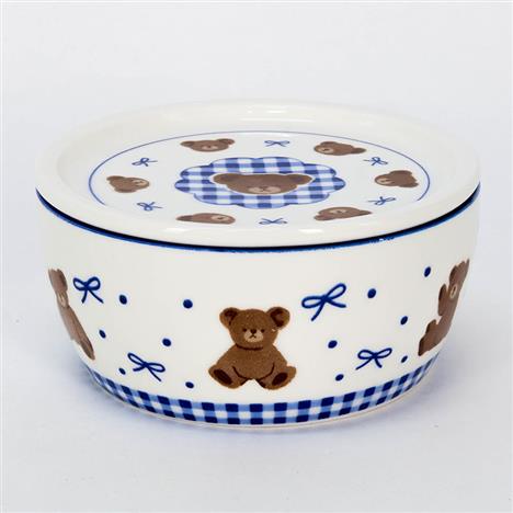 Hộp sứ đựng thức ăn 12.5cm hình gấu & nơ (Xanh), dùng được lò vi sóng