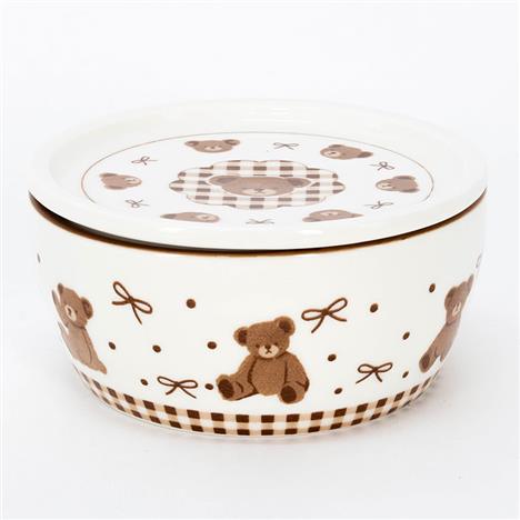 Hộp sứ đựng thức ăn 12.5cm hình gấu & nơ (Nâu), dùng được lò vi sóng