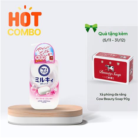 Sữa tắm bọt mịn hương hoa Cow milky body soap 500ml tặng kèm xà phòng đa năng 90G (Từ 5/11-hết quà)