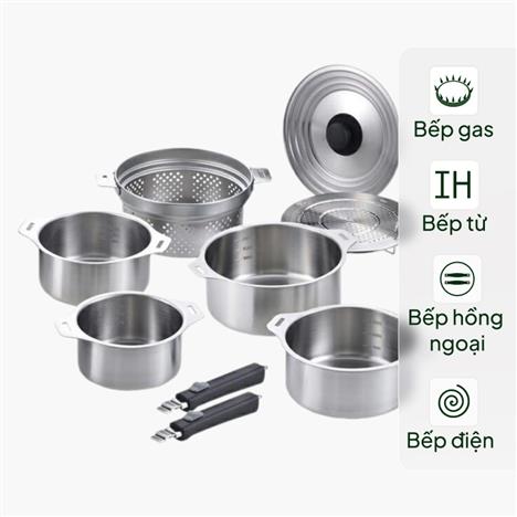 Bộ nồi inox Nhật Bản Wahei Freiz 9 món, inox 304 nguyên khối cao cấp, dùng được bếp từ