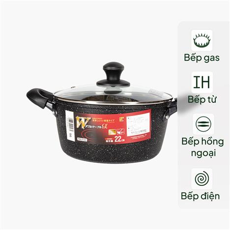 Nồi chống dính đá hoa cương 22cm Kèm nắp kính, dùng được bếp từ, chịu mài mòn tốt