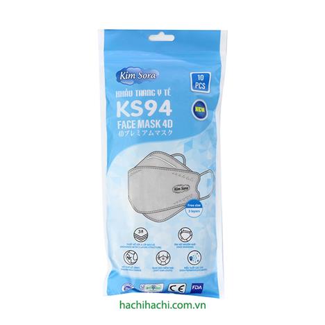 Khẩu trang Y tế Kim Sora KS94 4D 3 lớp, chống bụi, vi khuẩn, virus (10 cái - Xám)