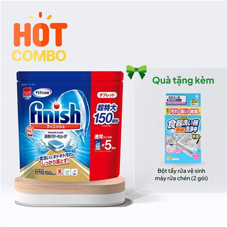 Combo siêu hời mua Viên rửa chén Finish kháng khuẩn, sạch lồng máy 150 viên tặng Bột tẩy rửa vệ sinh máy rửa chén (2 gói)