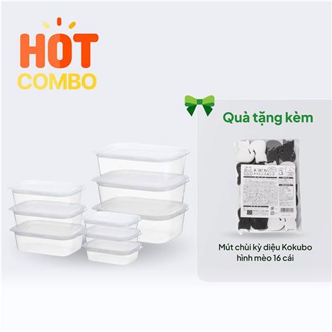 Combo siêu hời mua Bộ hộp nhựa đựng thực phẩm Inomata 9 cái tặng Mút chùi kỳ diệu, mút melamine Kokubo hình mèo 16 cái