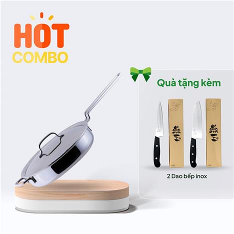 Combo siêu hời mua Chảo inox 304 cao cấp GEO Nhật Bản 7 lớp liền khối chống ăn mòn, gỉ sét 25cm tặng 2 Dao bếp inox