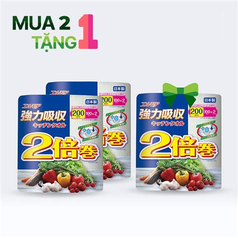 Combo siêu hời mua 2 tặng 1 Khăn giấy bếp Nhật Bản siêu thấm hút đa năng Ellemoi 2 lớp (2 cuộn x 100 tờ)