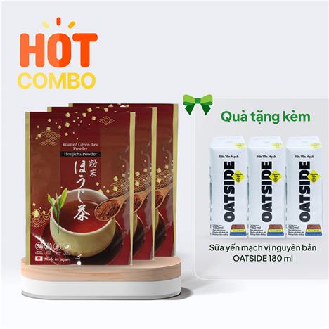 Combo siêu hời mua 3 Bột trà rang Houjicha Nhật Bản Kanes 50g giá 198,000 tặng thêm 3 Sữa yến mạch vị nguyên bản OATSIDE 180 ml