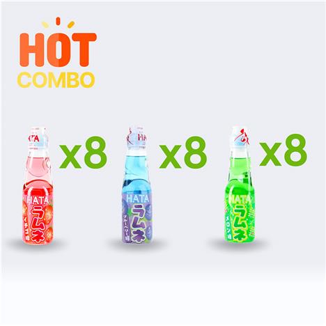Combo siêu tiết kiệm 1 thùng 24 chai Soda Ramune 200ml ( 8 hương dưa lưới- 8 việt quất- 8 dâu) 