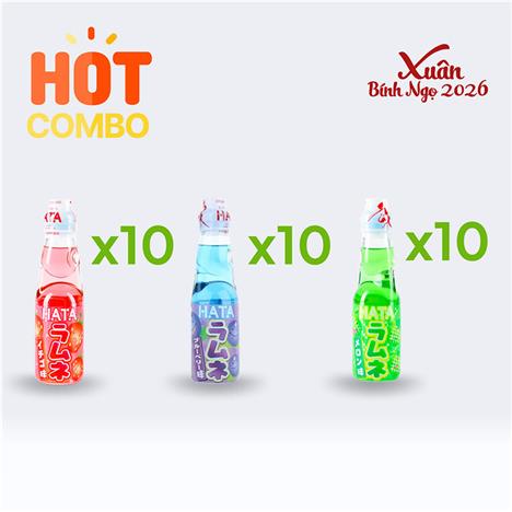 Combo siêu tiết kiệm 1 thùng 30 chai Soda Ramune 200ml (10 hương dưa lưới- 10 việt quất- 10 dâu)