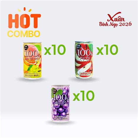 Combo siêu tiết kiệm 1 thùng 30 lon Nước ép nguyên chất Sangaria 190g (10 lon trái cây , 10 lon nho, 10 lon táo)