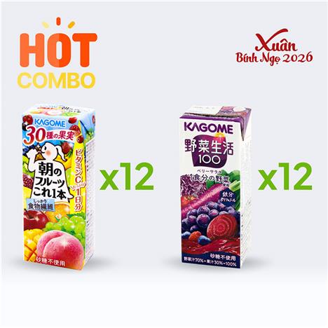 Combo siêu tiết kiệm 1 thùng 24 hộp Nước ép trái cây nguyên chất Kagome 200ml (2 vị nguyên chất và berry salad)