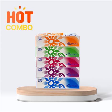 Combo siêu tiết kiệm 1 lốc 5 hộp Khăn giấy ăn Nhật Bản dai mịn 2 lớp Ellemoi 200 tờ