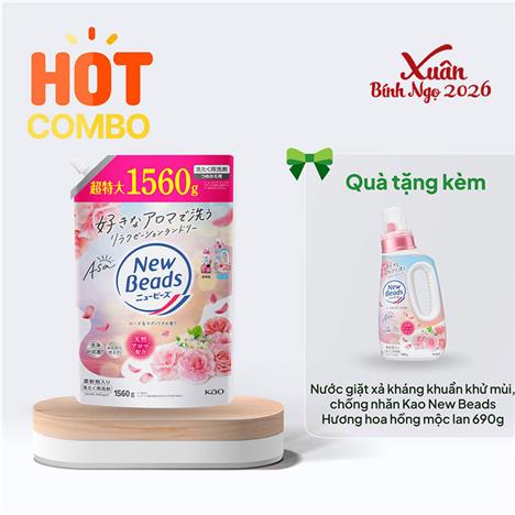 Combo siêu hời mua Nước giặt xả kháng khuẩn khử mùi, chống nhăn Kao Hương hoa hồng mộc lan túi 1560g tặng chai 690g