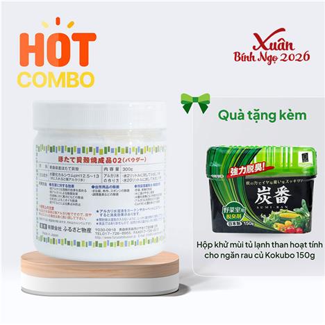 Combo siêu hời mua Bột rửa rau quả từ vỏ sò điệp Hotate 300g tặng Hộp khử mùi tủ lạnh cho ngăn rau củ Kokubo 150g