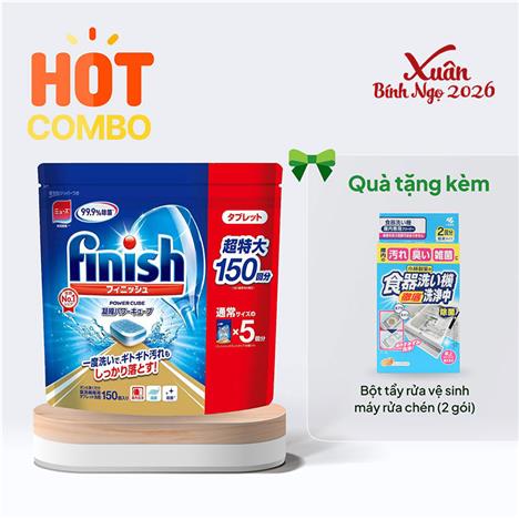 Combo siêu hời mua Viên rửa chén Finish kháng khuẩn, sạch lồng máy 150 viên tặng Bột tẩy rửa vệ sinh máy rửa chén (2 gói)