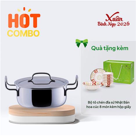 Combo siêu hời mua Nồi inox 304 cao cấp GEO 7 lớp liền khối 20cm tặng Bộ tô chén đĩa sứ Nhật Bản hoa cúc 8 món kèm hộp giấy