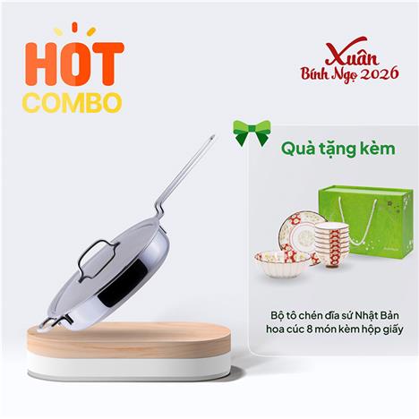 Combo siêu hời mua Chảo inox 304 cao cấp GEO 7 lớp liền khối 25cm tặng Bộ tô chén đĩa sứ Nhật Bản hoa cúc 8 món kèm hộp giấy