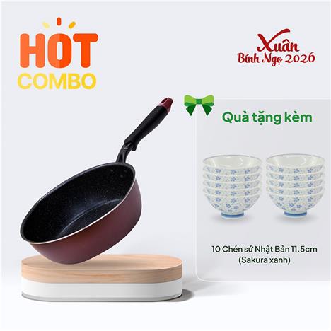 Combo siêu hời mua Chảo chống dính đá hoa cương 24cm sâu lòng tặng 10 Chén sứ Nhật Bản 11.5cm (Sakura xanh)