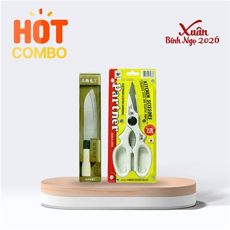 Combo siêu tiết kiệm Dao bếp inox Nikken Tsubazo Santoku lưỡi 17cm và Kéo làm bếp Nikken-Partner 21cm (Nhiều mẫu)